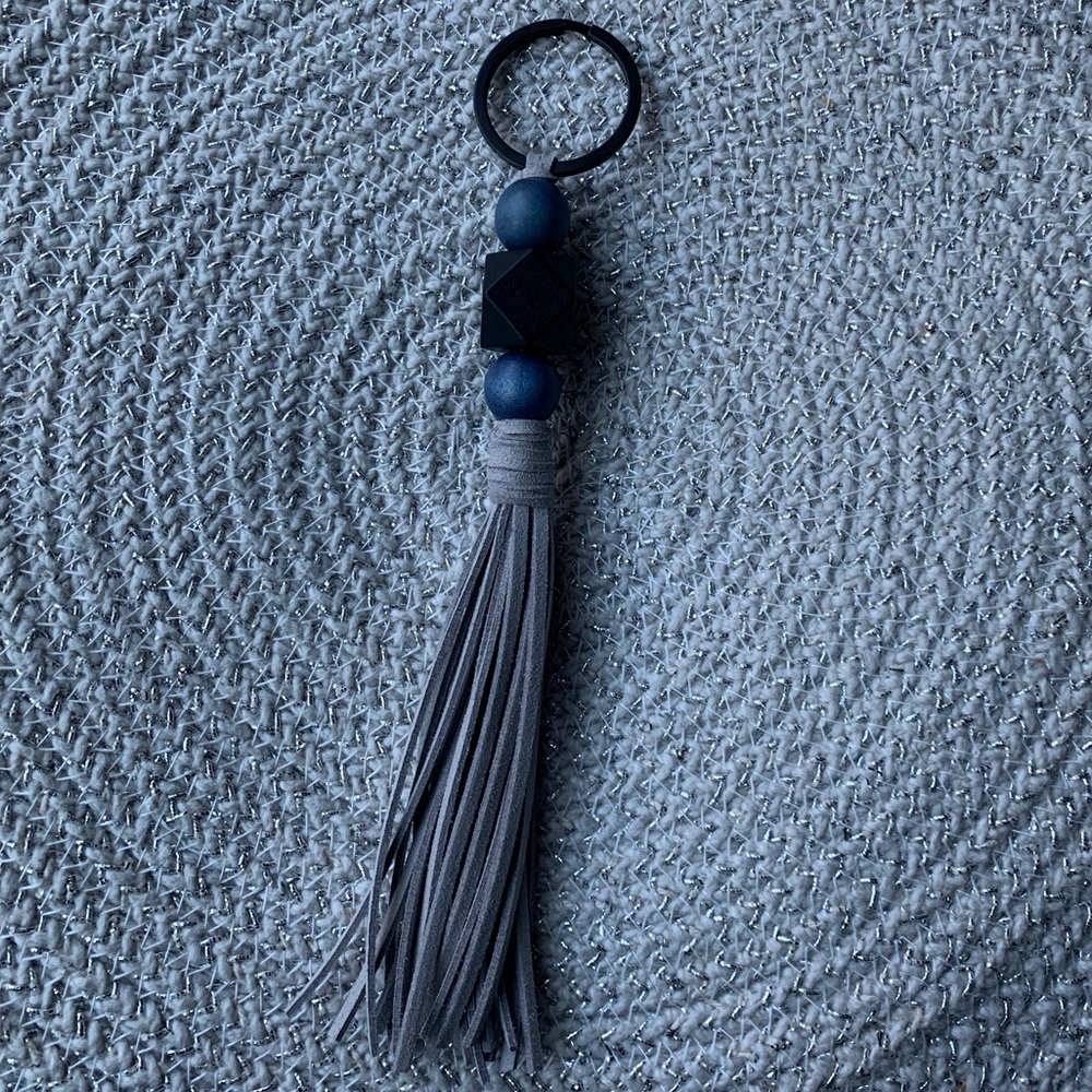 Grey/Black Beaded and Faux-Suede Keychain